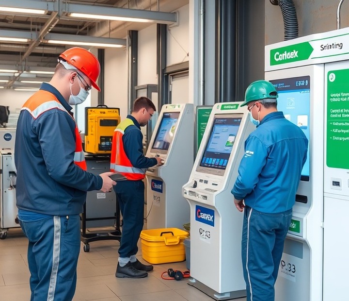 Technician carrying out maintenance on a self-service terminal
